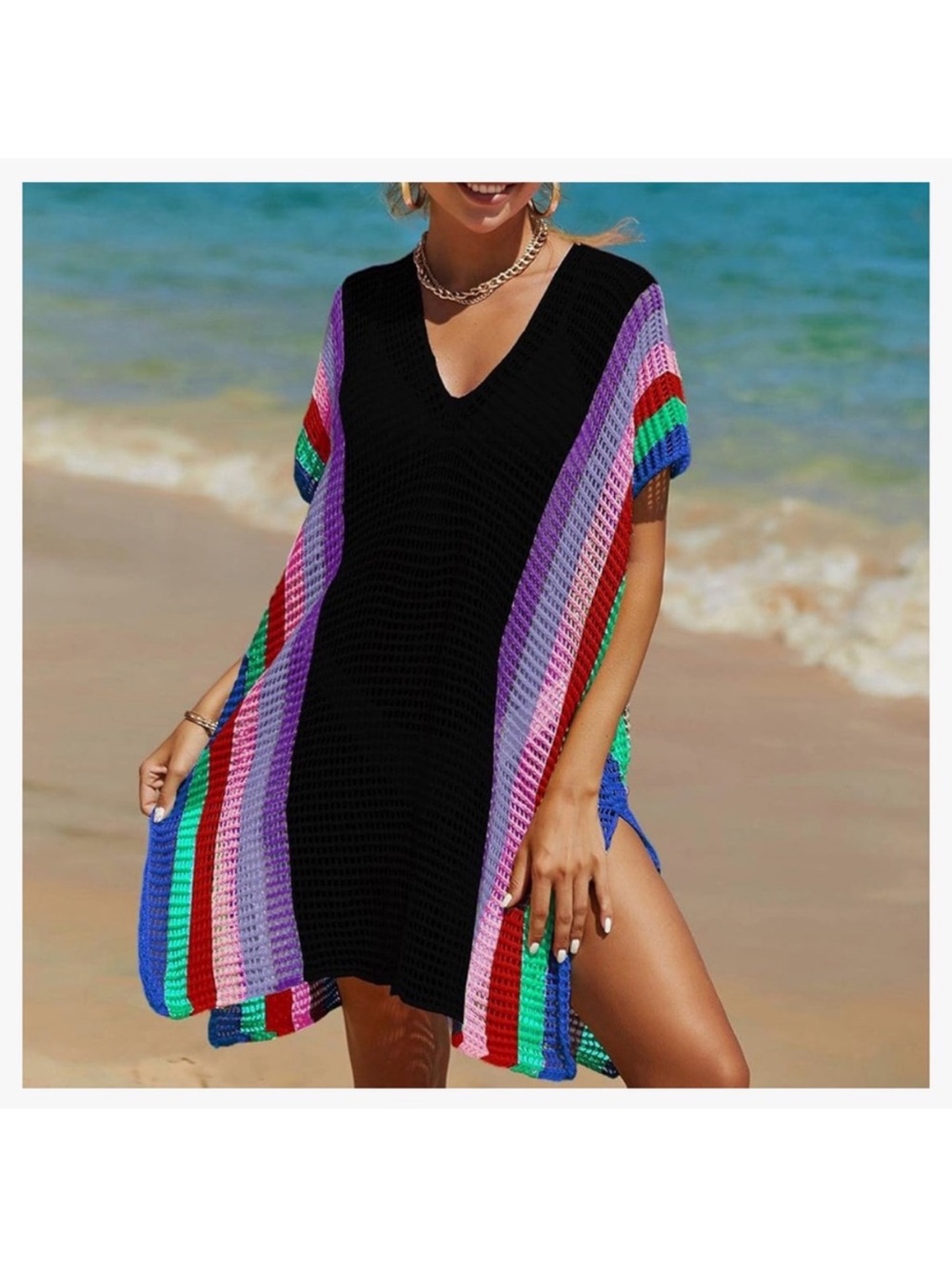 Black Crochet V‑Neck Beach Cover‑Up with Multicolor Stripes - Women Swim